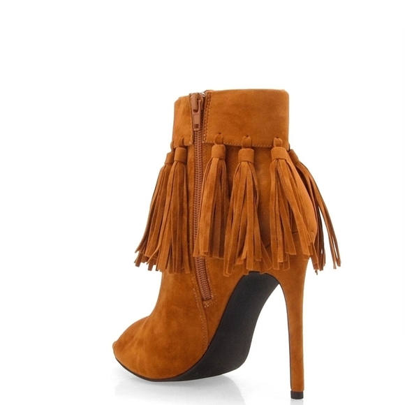 Fringe Tassel Peep Toe Ankle Boots - Tan, By Privileged Shoes Sz 7.5 Without Tag - Picture 2 of 9